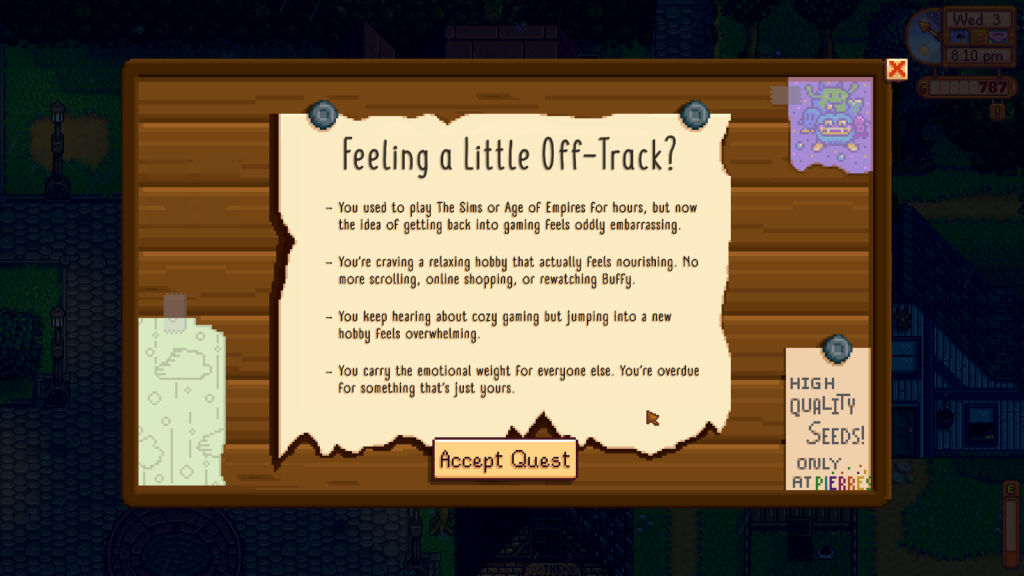A stylized Stardew Valley quest board with a parchment that reads 'Feeling a Little Off-Track?' followed by a list of relatable reasons for returning to gaming, such as craving a relaxing hobby or feeling overwhelmed by cozy games. A button at the bottom says 'Accept Quest.'