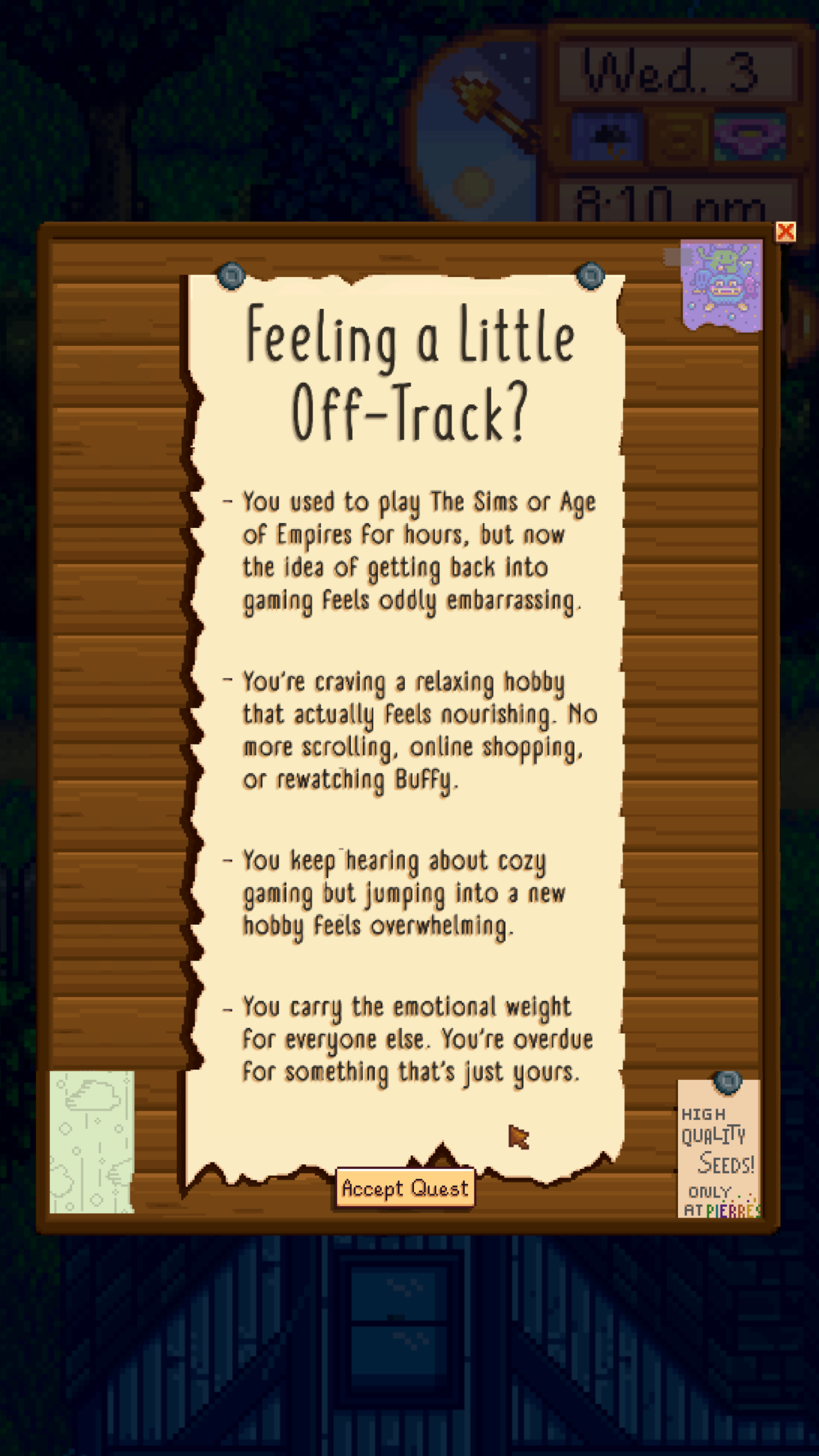 A stylized Stardew Valley quest board with a parchment that reads 'Feeling a Little Off-Track?' followed by a list of relatable reasons for returning to gaming, such as craving a relaxing hobby or feeling overwhelmed by cozy games. A button at the bottom says 'Accept Quest.'