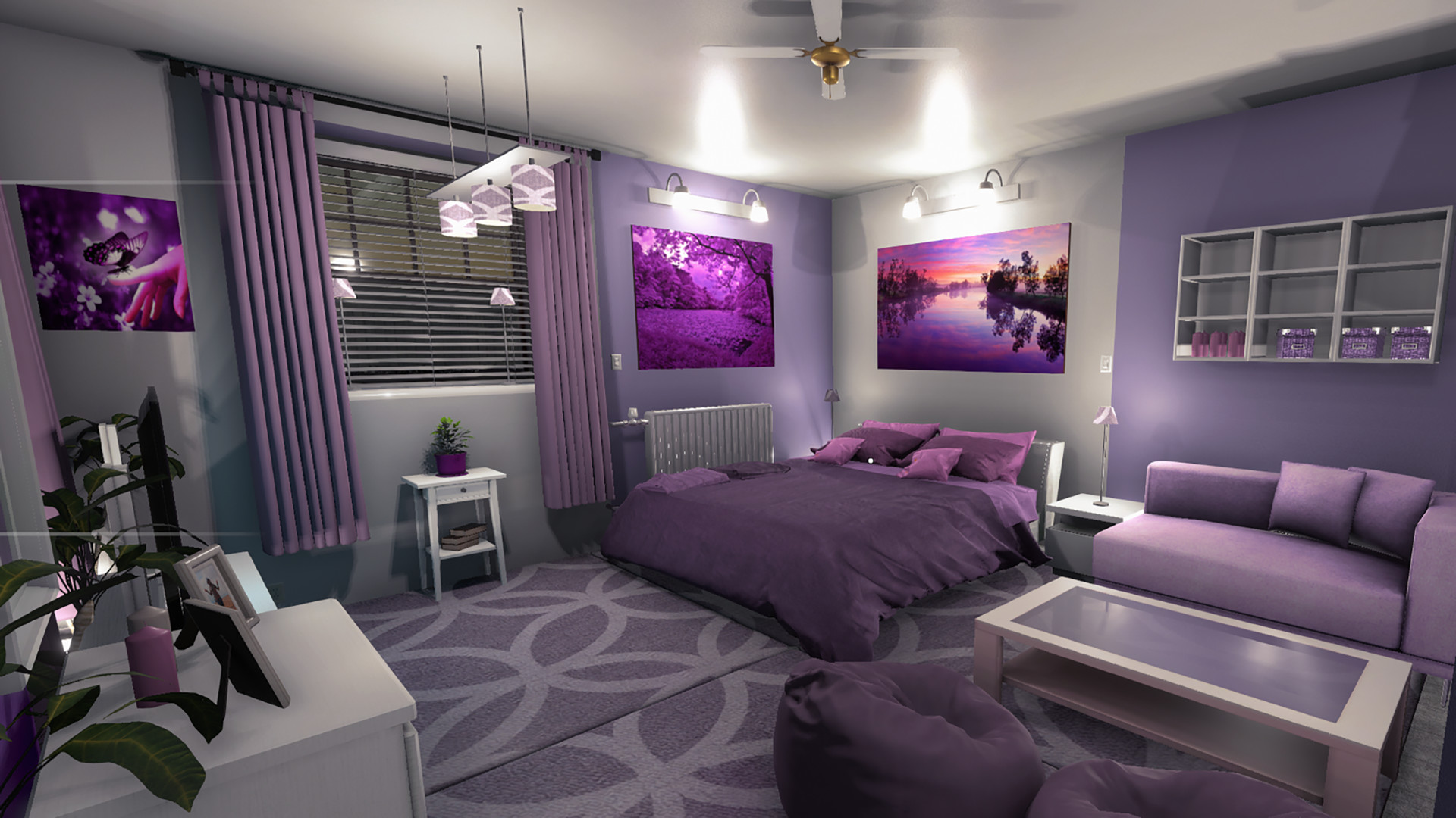 A screenshot of a room designed with a purple theme, created in the game House Flipper.