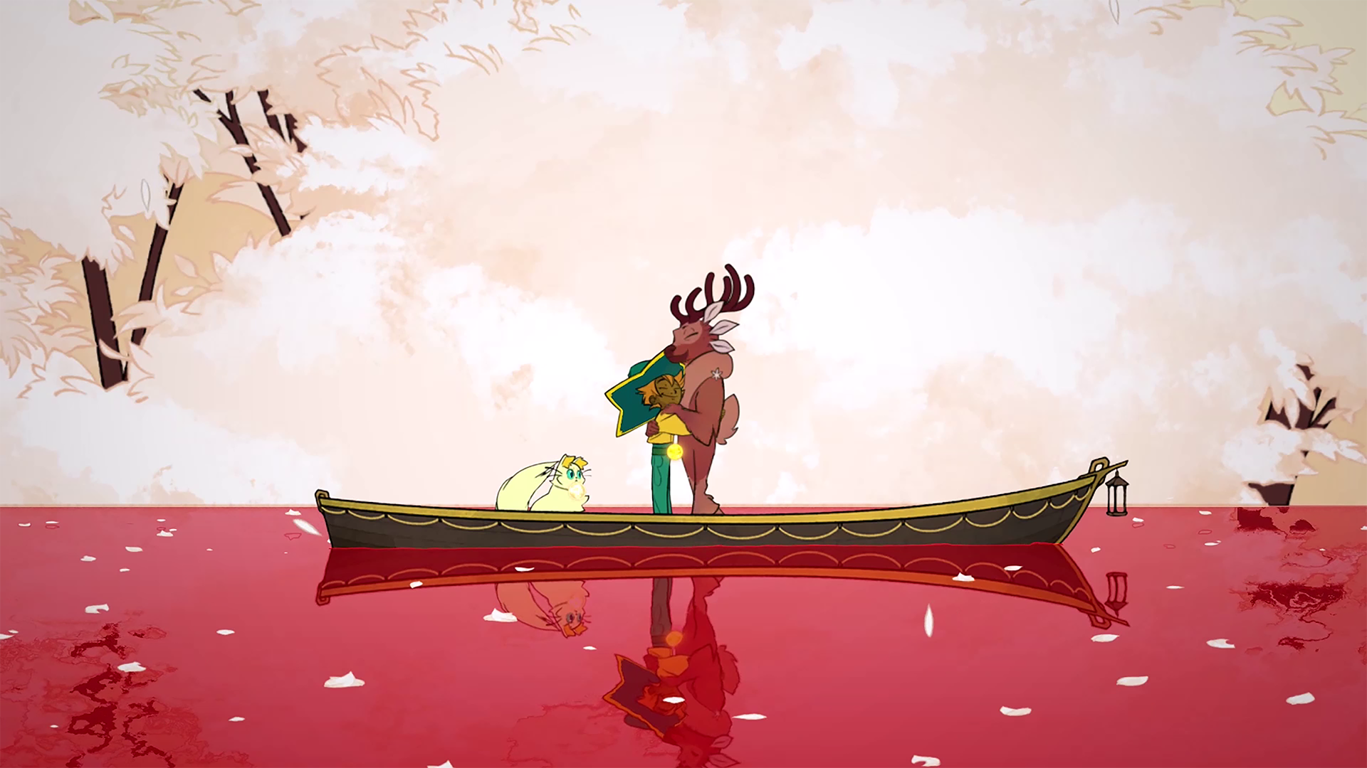 Promotional image of characters in a boat in the game Spiritfarer.