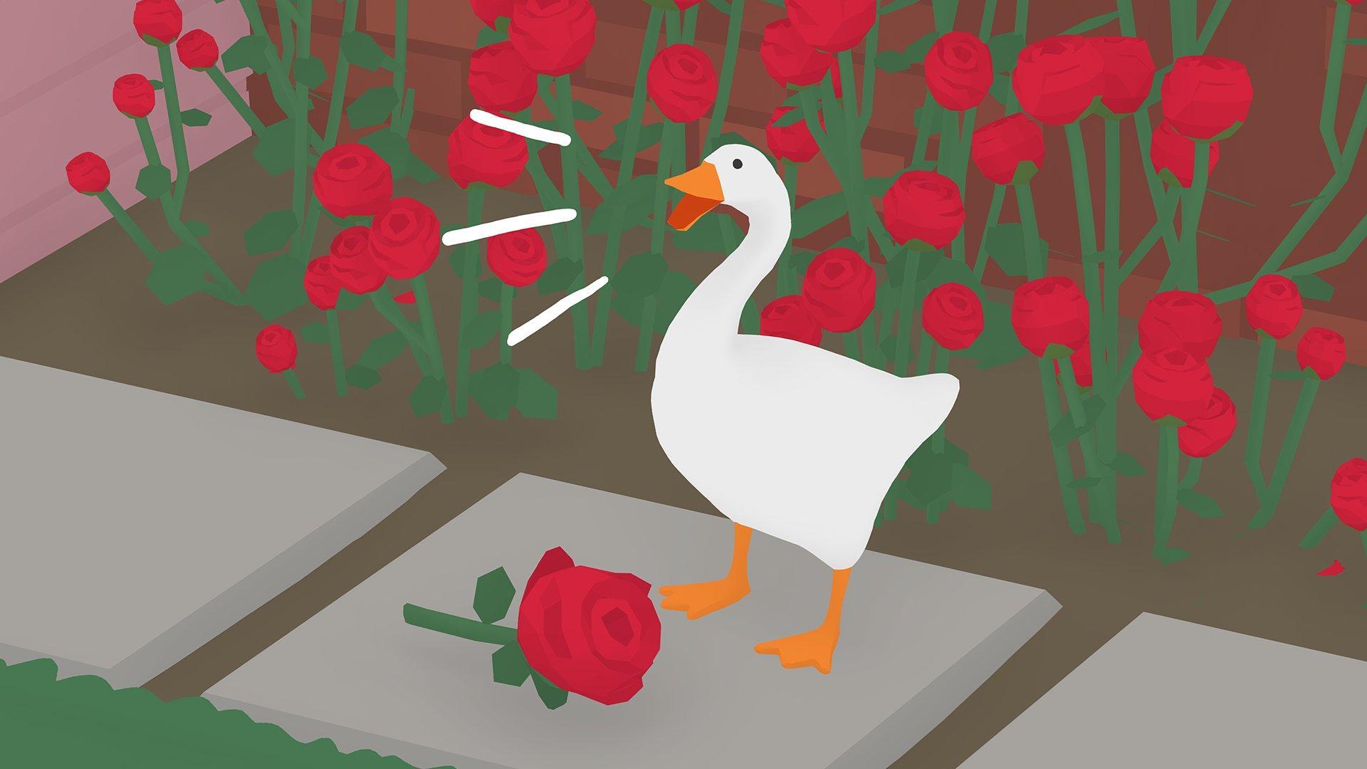 A screenshot of the goose honking over a rose while standing on a sidewalk next to a bed of roses in the PC game Untitled Goose Game.